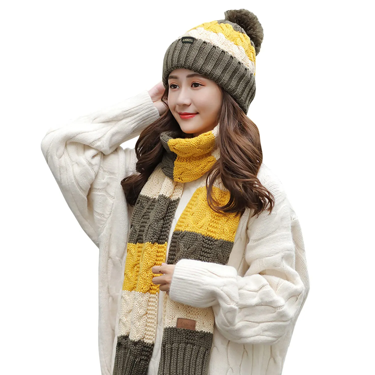 Women's Knitted Scarve and Pom Pom Beanie Hat Set