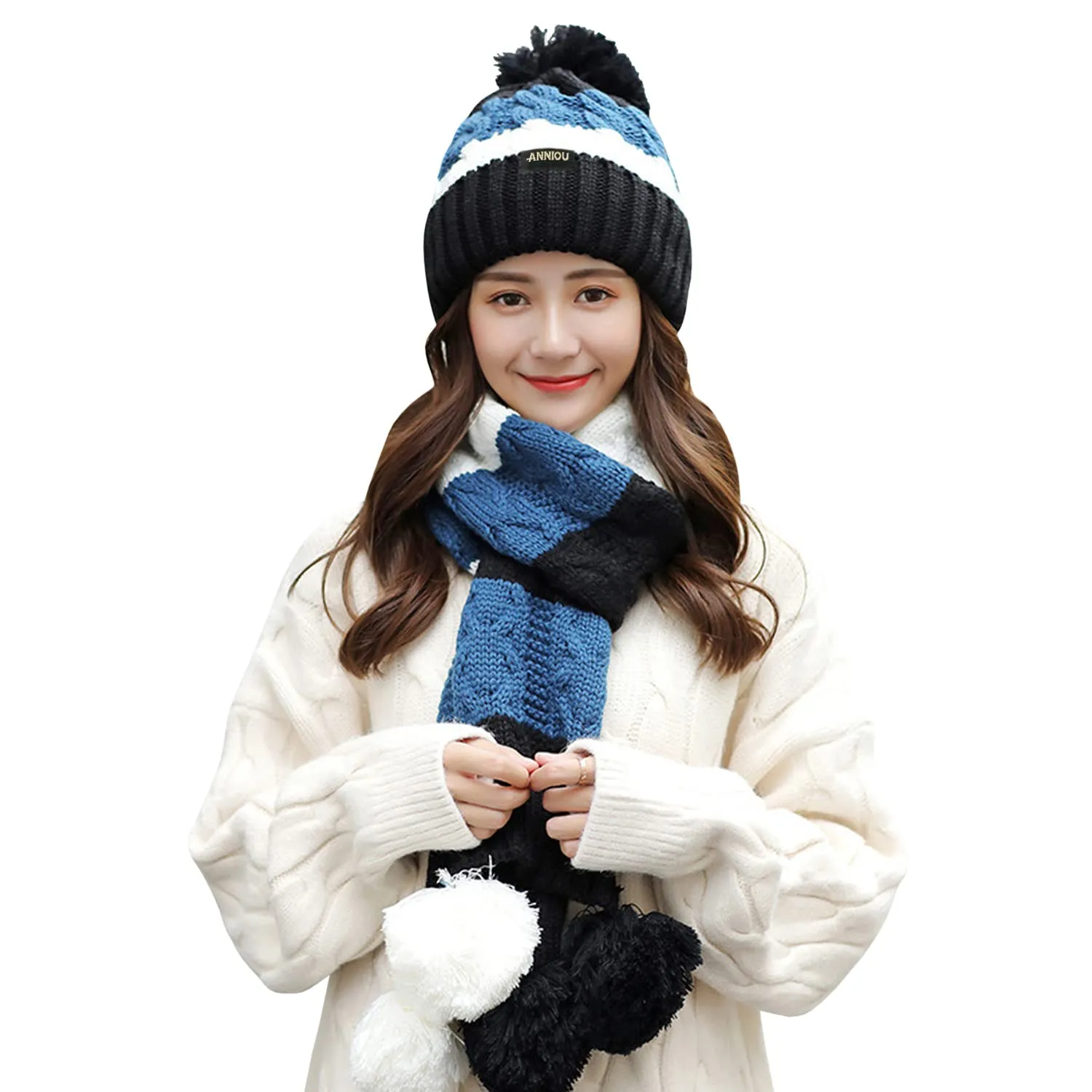 Women's Knitted Scarve and Pom Pom Beanie Hat Set