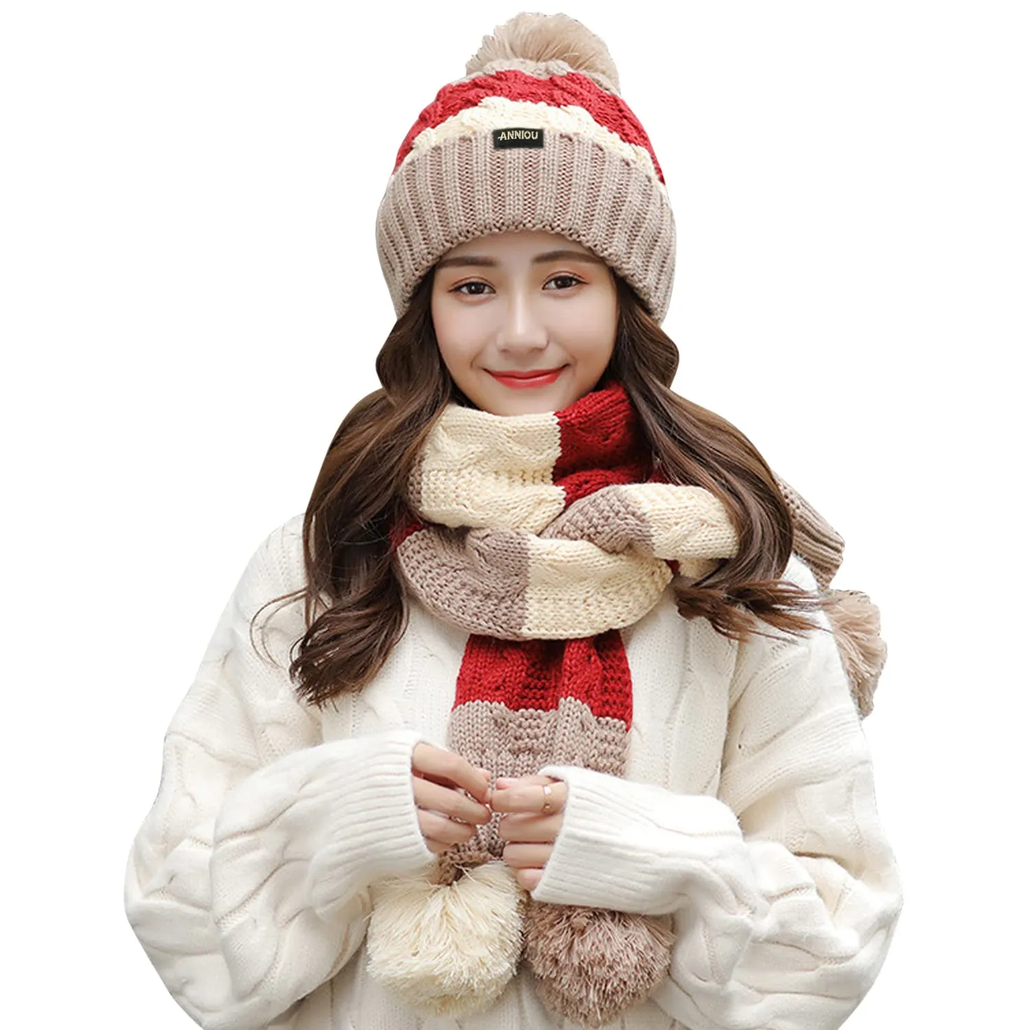 Women's Knitted Scarve and Pom Pom Beanie Hat Set