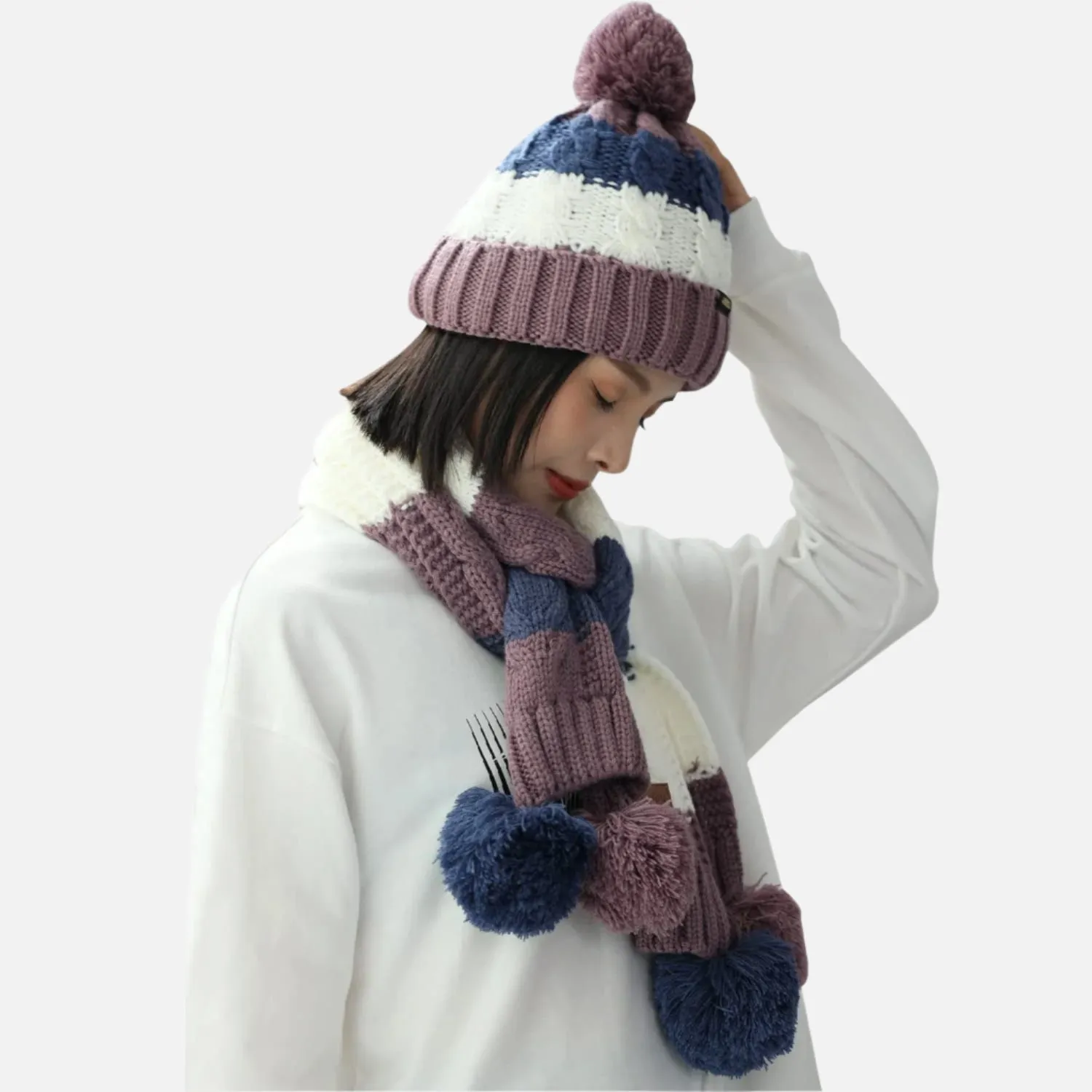 Women's Knitted Scarve and Pom Pom Beanie Hat Set