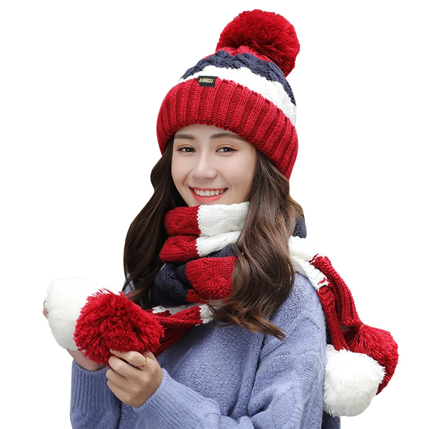 Women's Knitted Scarve and Pom Pom Beanie Hat Set