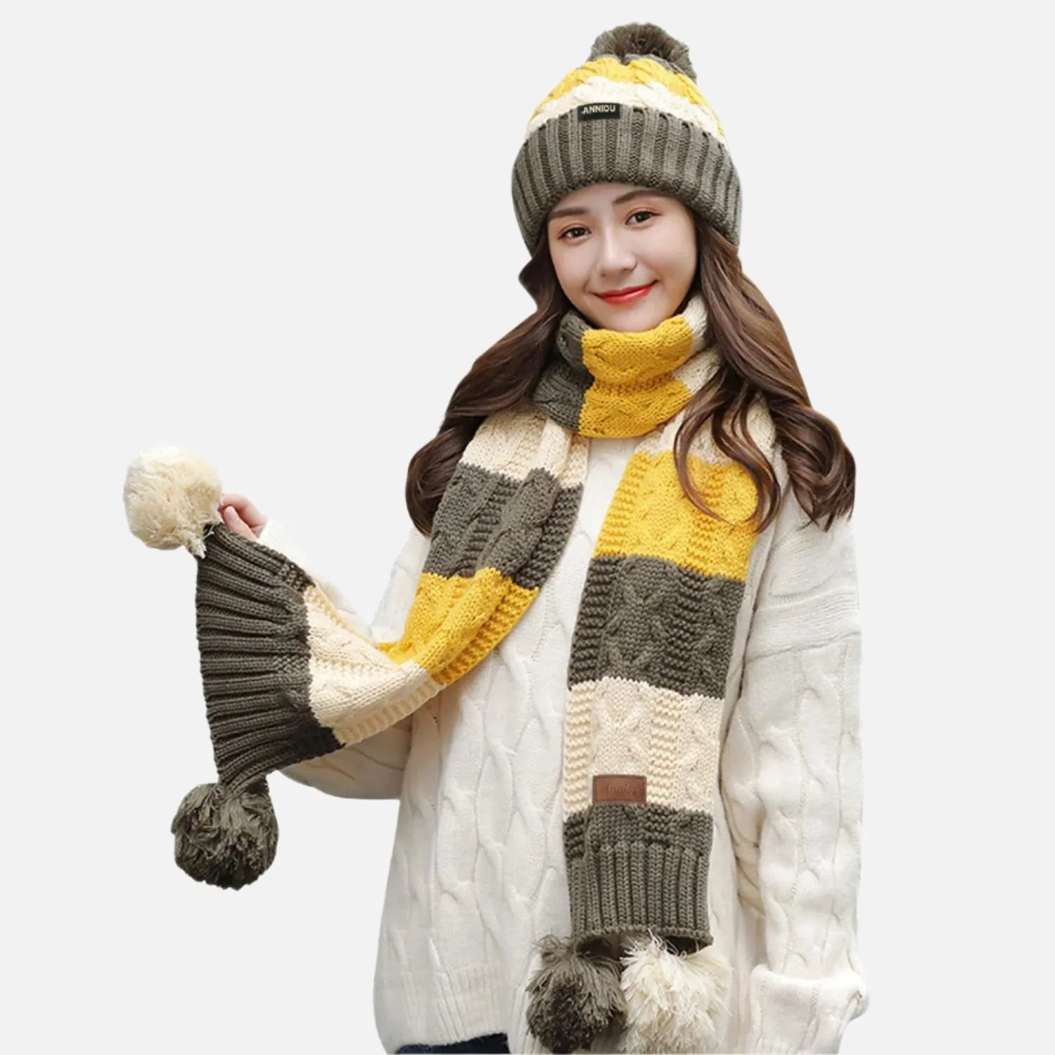 Women's Knitted Scarve and Pom Pom Beanie Hat Set