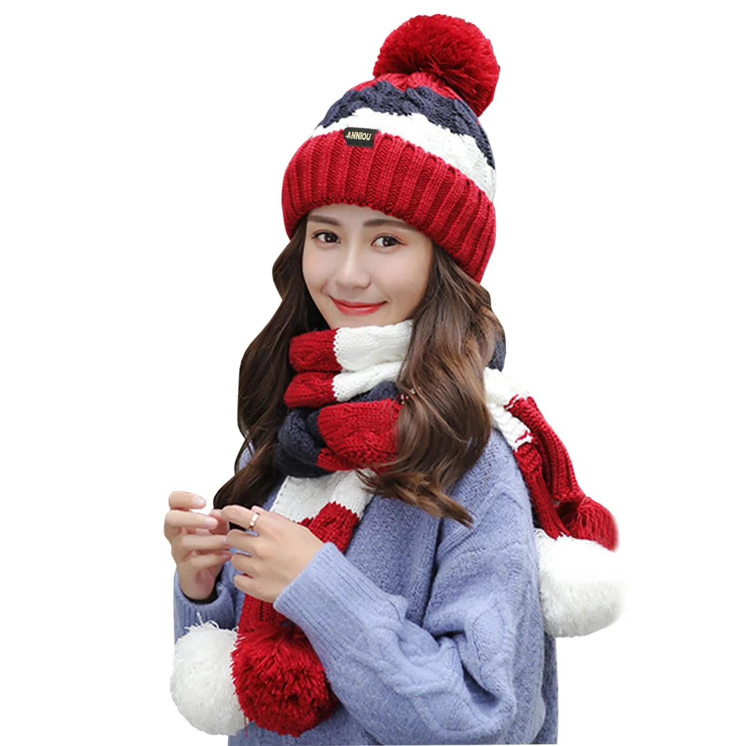 Women's Knitted Scarve and Pom Pom Beanie Hat Set