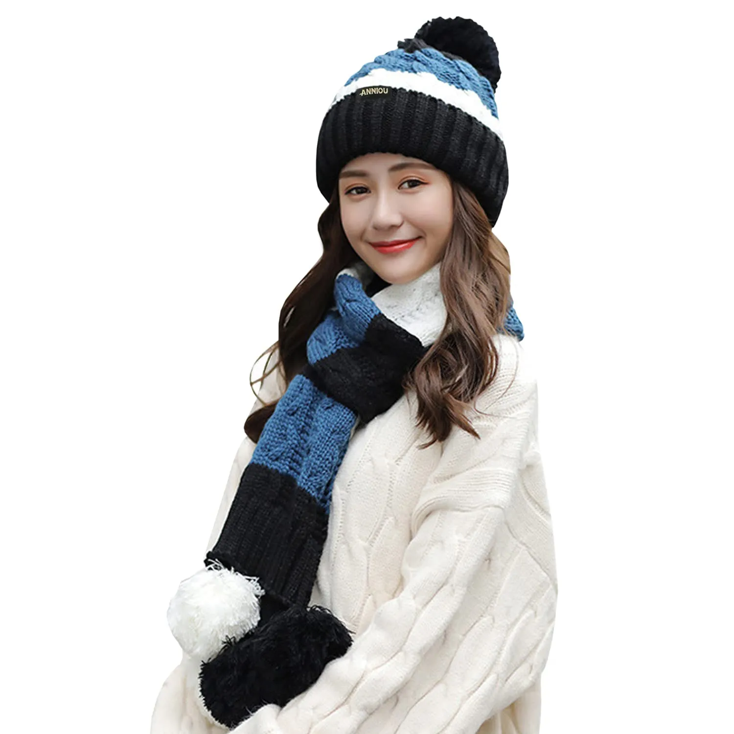 Women's Knitted Scarve and Pom Pom Beanie Hat Set
