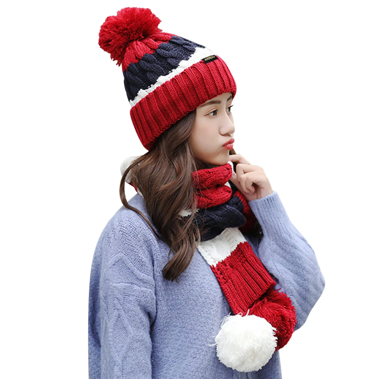 Women's Knitted Scarve and Pom Pom Beanie Hat Set