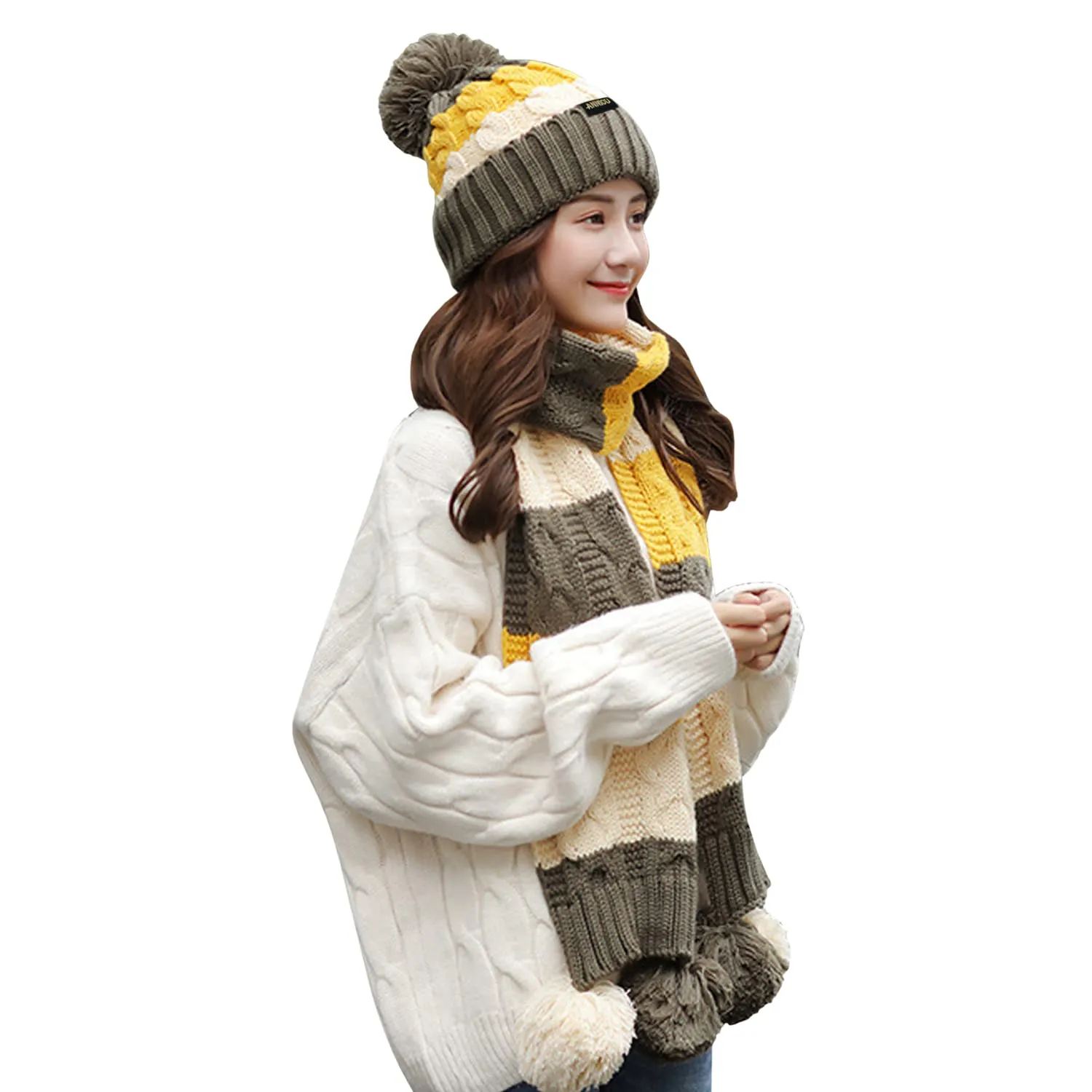 Women's Knitted Scarve and Pom Pom Beanie Hat Set