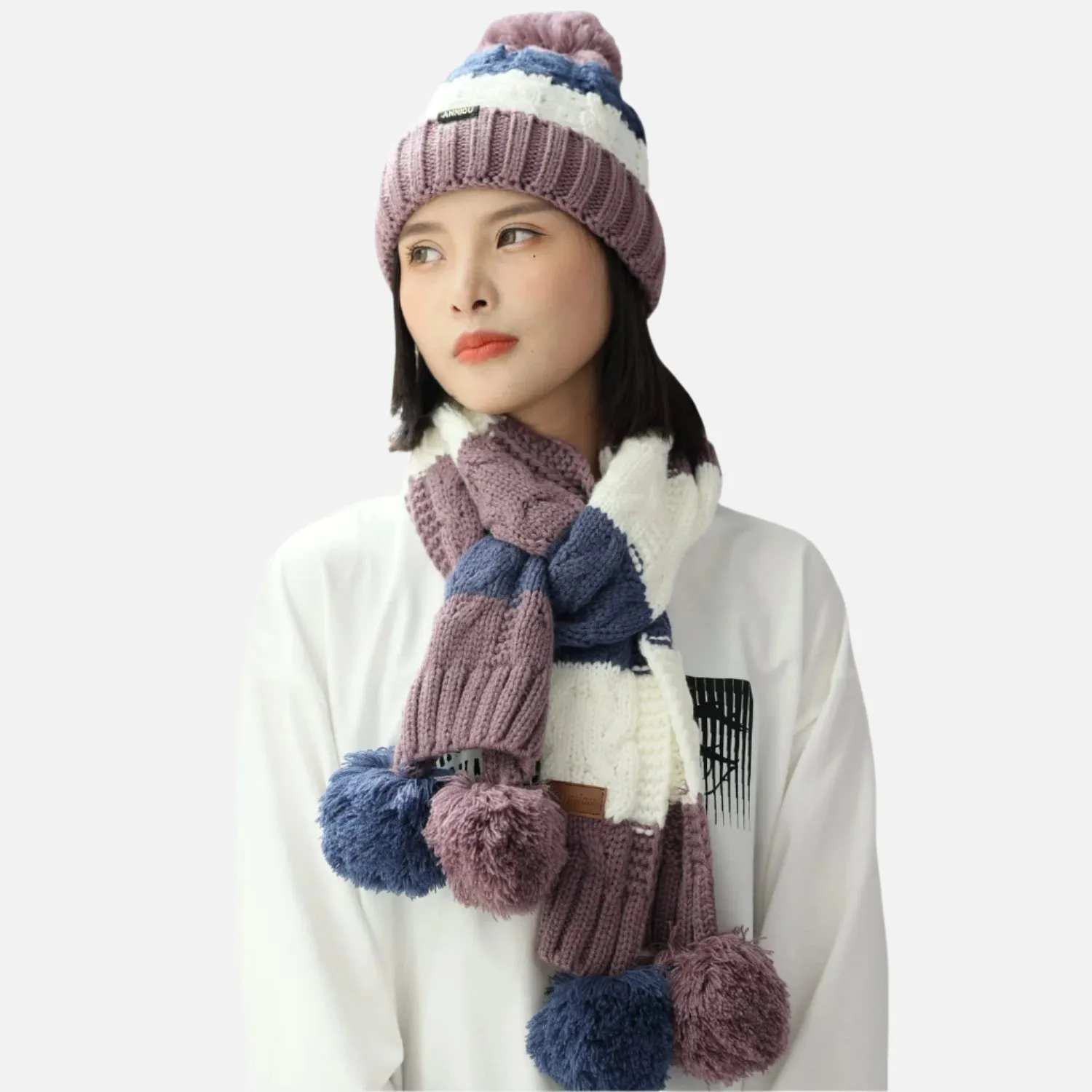 Women's Knitted Scarve and Pom Pom Beanie Hat Set