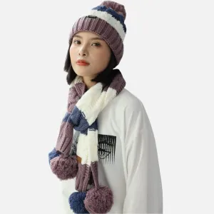 Women's Knitted Scarve and Pom Pom Beanie Hat Set
