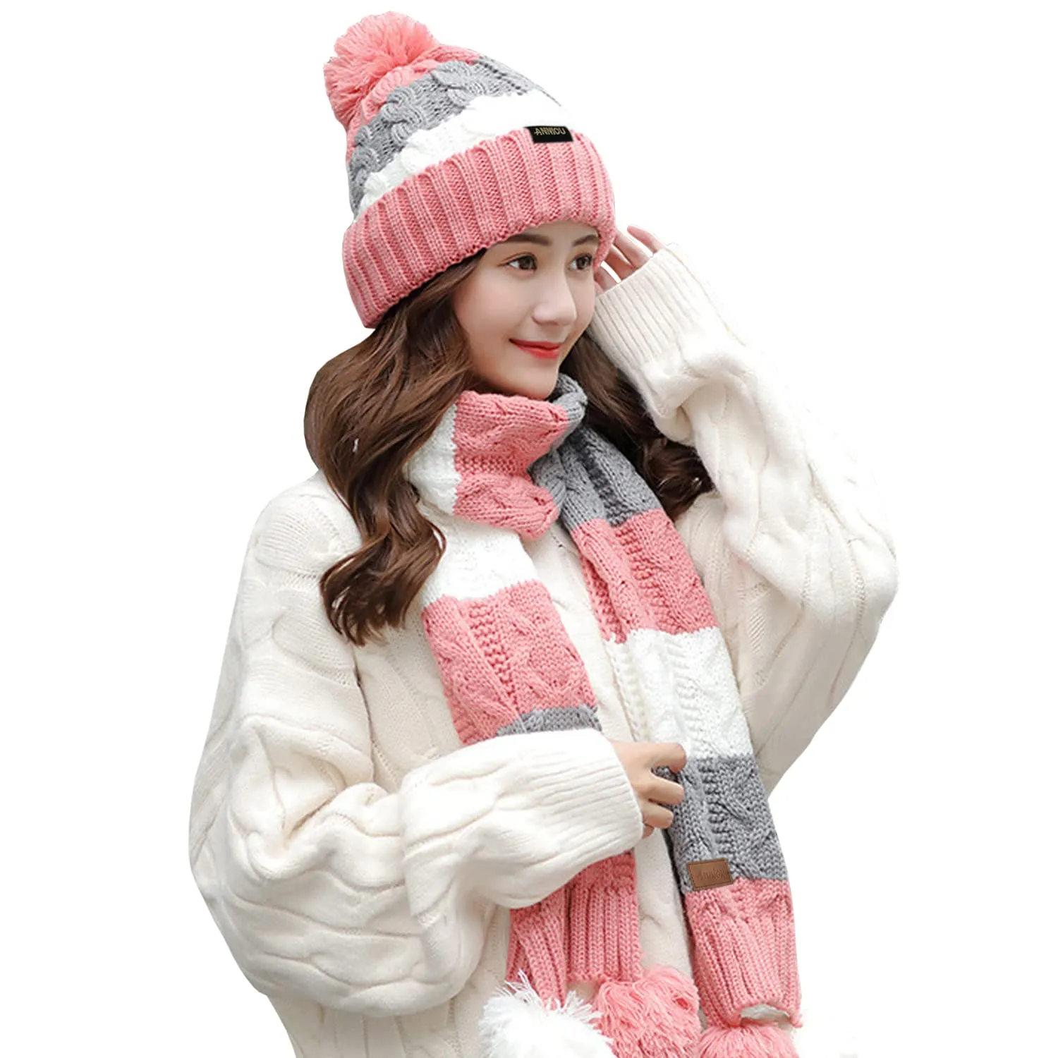 Women's Knitted Scarve and Pom Pom Beanie Hat Set