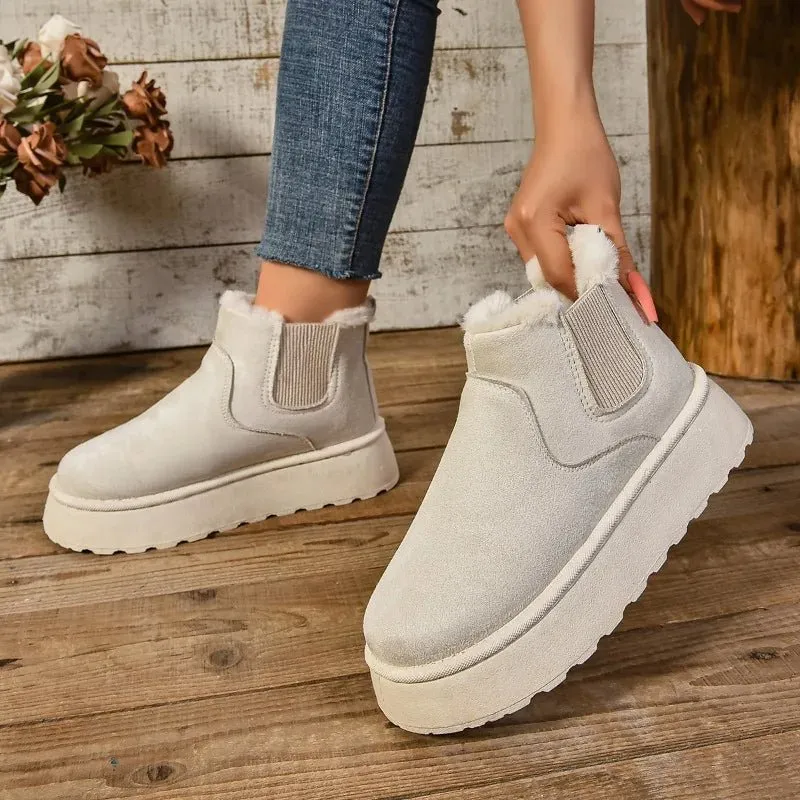 Women's Plush Suede Ankle Snow Boots – Cozy Fur-Lined Chelsea Flats for Winter Warmth & Style