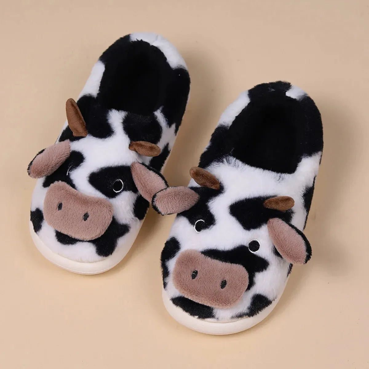 Women's Slippers Home Plush Cartoon Cow Designer Shoes Girls Cute Winter Fluffy Slippers Flats Warm Casual Fur Slides Large Size