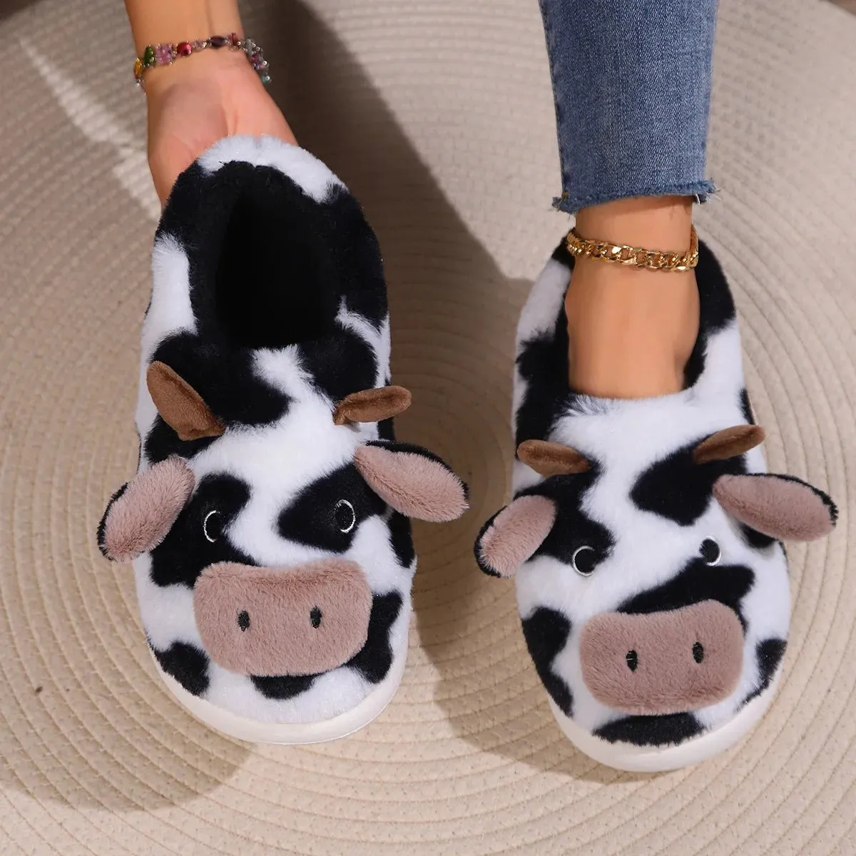 Women's Slippers Home Plush Cartoon Cow Designer Shoes Girls Cute Winter Fluffy Slippers Flats Warm Casual Fur Slides Large Size